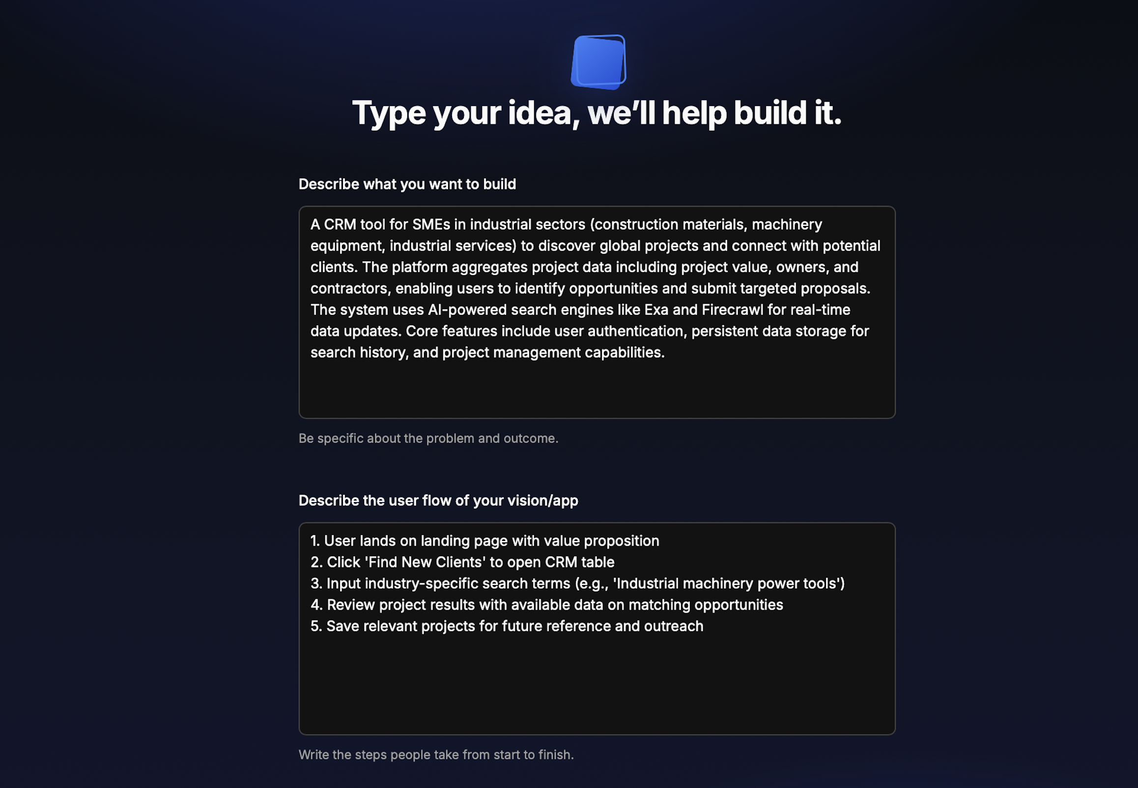Screenshot showing idea input interface